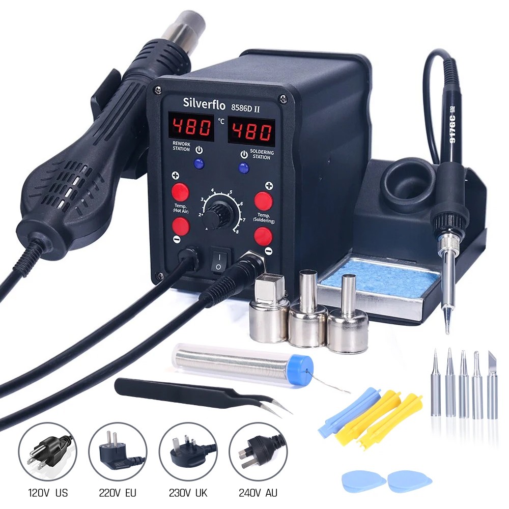 Smd Rework Station Hot Air Soldering 2 In 1 - Estação de solda silverflo 8586d 2