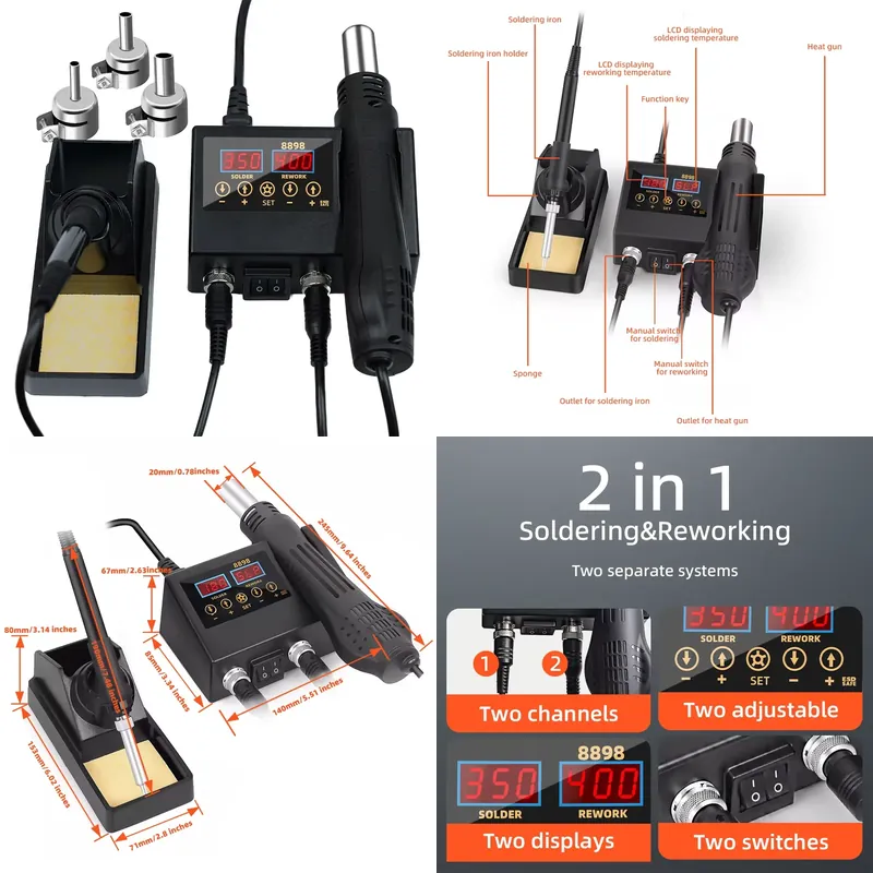 Smd Rework Station Hot Air Soldering 2 In 1 - Estação de Soldagem Digital LED 60W